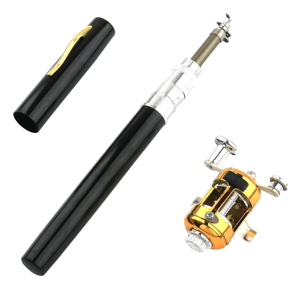 Portable telescopic pen fishing rod kit collapsed to 20.5cm next to its ST5RL fishing reel.