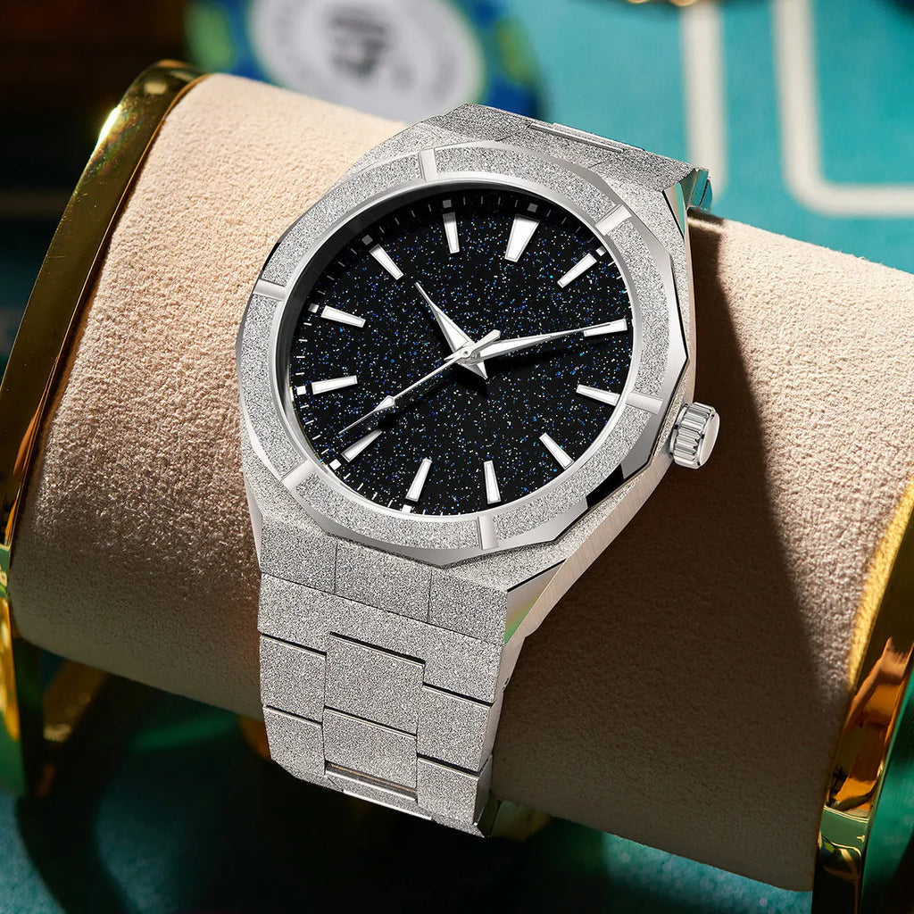 Stainless steel men's business watch with frosted case and luminous markers in black, gold, and silver colours