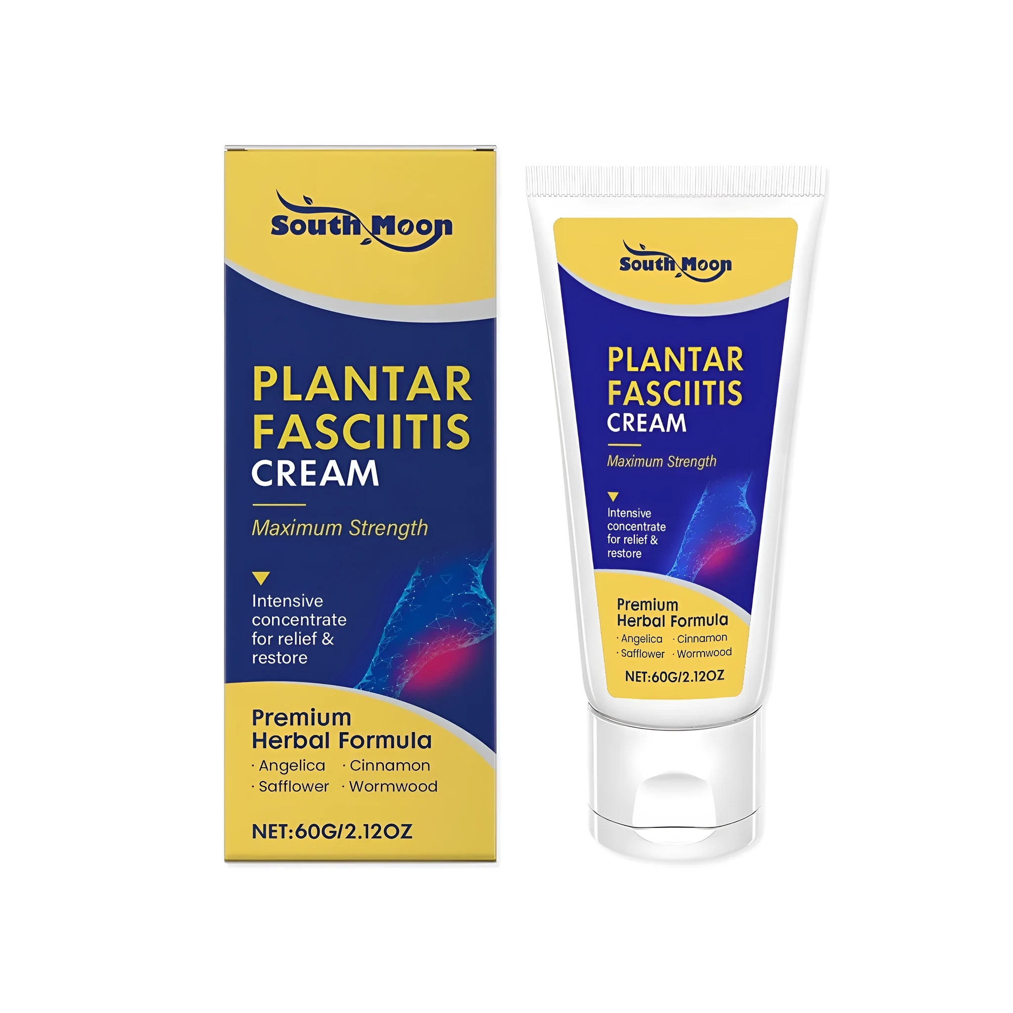 60g container of herbal foot relief cream with mint, angelica and cinnamon oil ingredients