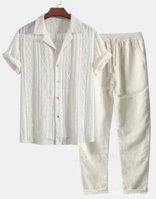 Men's loose fit milk silk summer suit set showing short sleeve shirt and trousers in a casual colour.