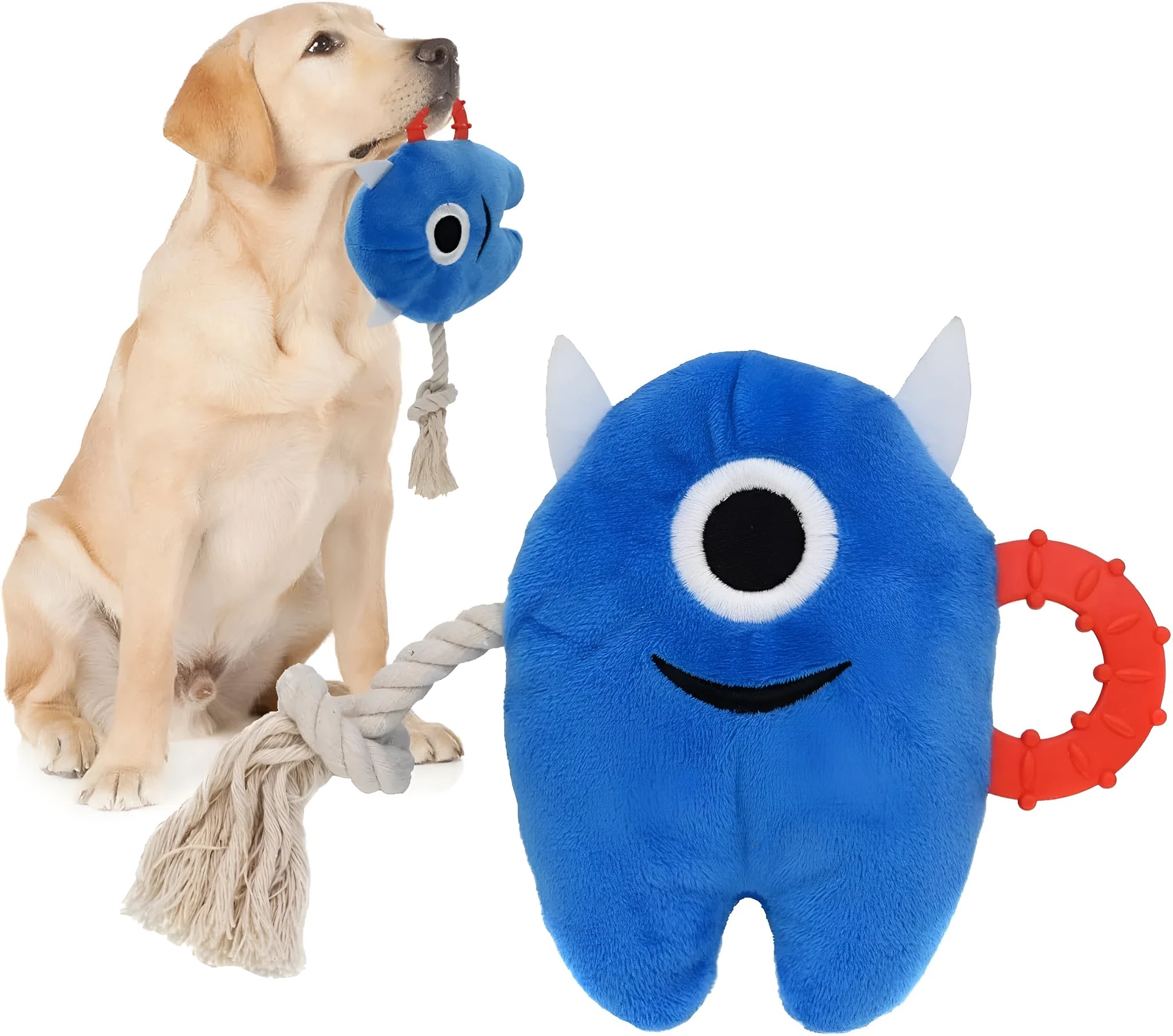 Blue and green plush monster dog toy with integrated cotton rope tug element and squeaker