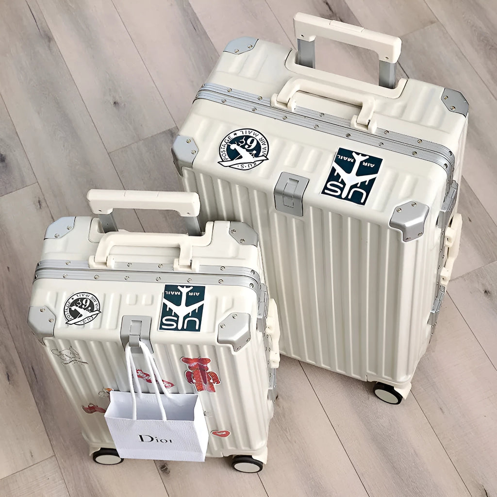 Aluminium frame ABS PC trolley case in avocado green with universal wheels and a USB port.