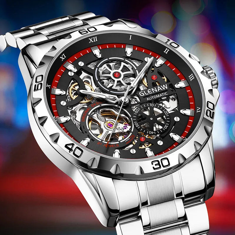 Men's automatic mechanical watch with hollow-out design showing movement and luminous markers on stainless steel strap