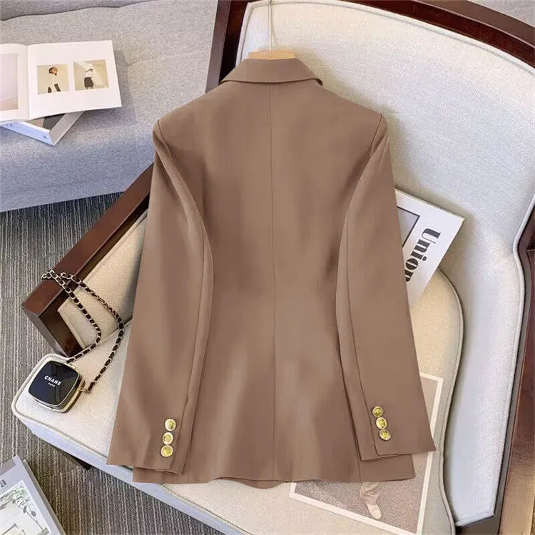 Women's loose fit polyester top and pants set in khaki colour on a hanger
