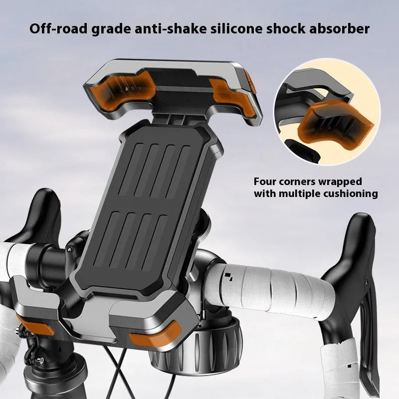 Outdoor cycling mobile phone navigation bracket in black ABS with upgrade knob base mounted on bicycle handlebar