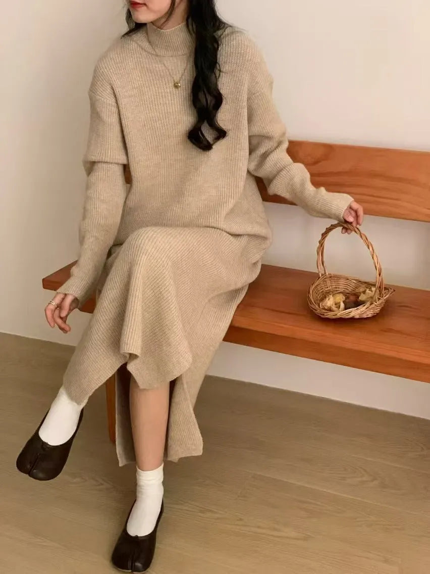 Women's beige half turtleneck knitted dress with long sleeves and high waist