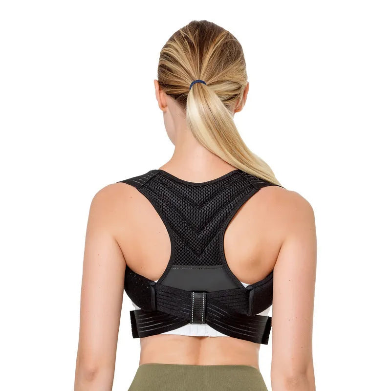 Black adjustable posture correction belt for back support and shoulder alignment