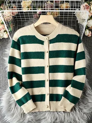 Green and white striped loose fit acrylic fibre knitted cardigan for women