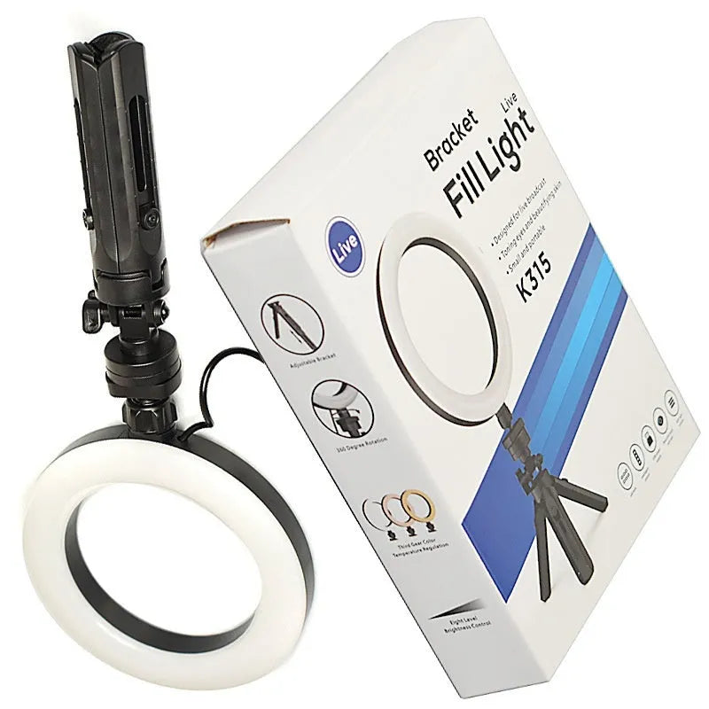 Mobile phone live streaming bracket with adjustable ring light on desktop tripod
