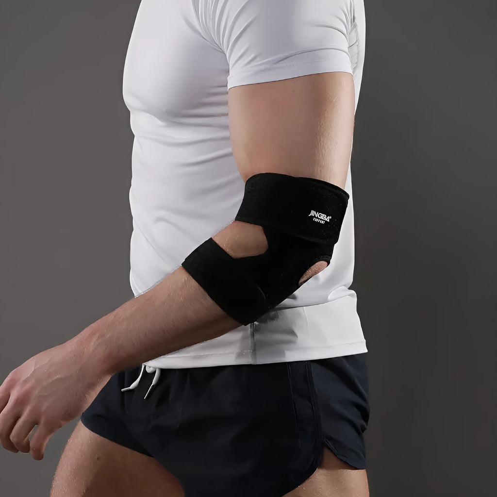 Adjustable black sports elbow guard for multiple athletic activities including basketball and badminton