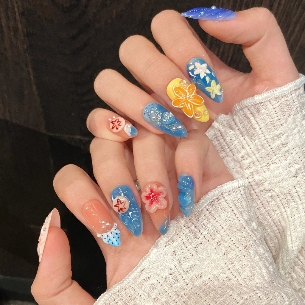 Plastic marine style armour with three-dimensional carved jellyfish design in almond nail colour