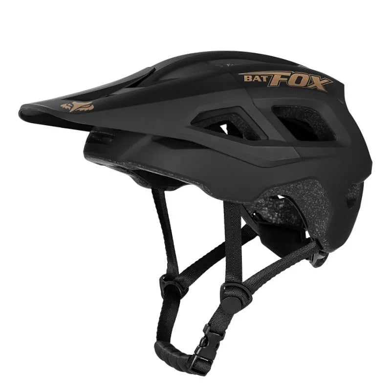Ultra-light breathable mountain bike helmet with removable brim in black and gold colour, side view