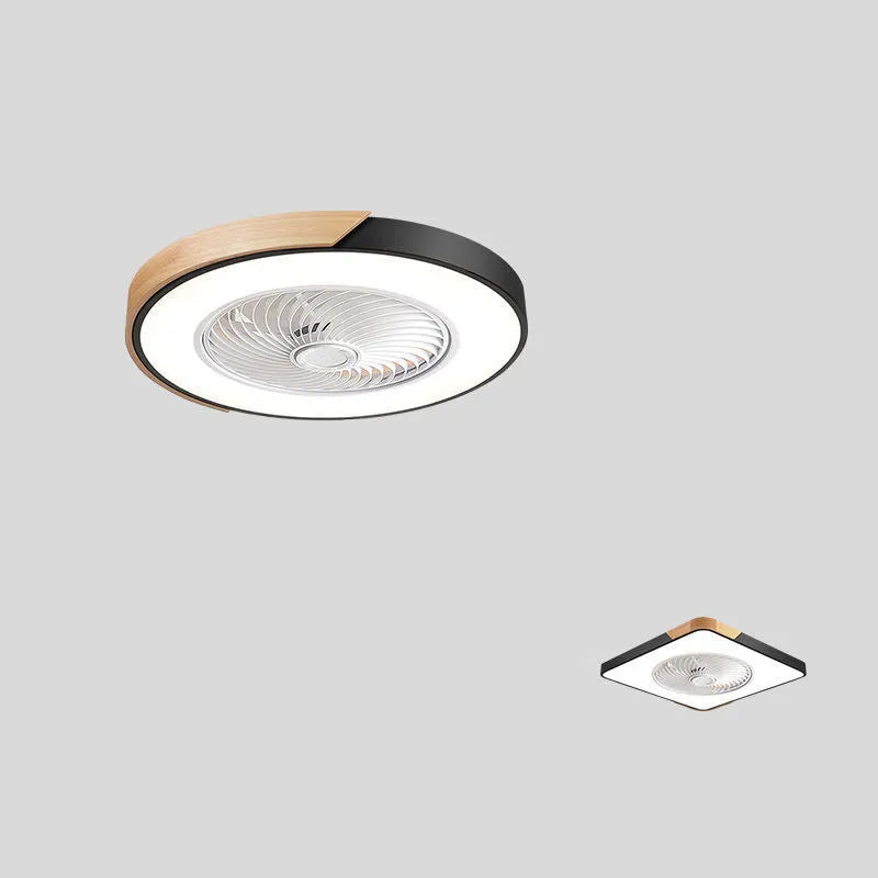 Nordic-style ceiling fan light fixture with a solid wood frame and white PVC lampshade.