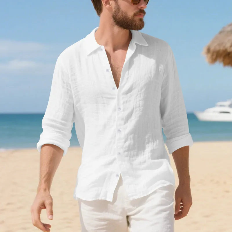 American-style loose-fit linen casual shirt in Army Green, laid flat to show button front and relaxed silhouette.