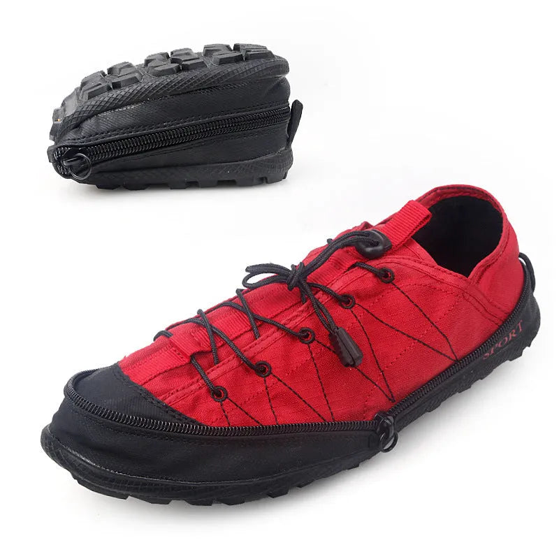 Men's folding outdoor hiking shoes with side zipper in black, grey, or orange colours.
