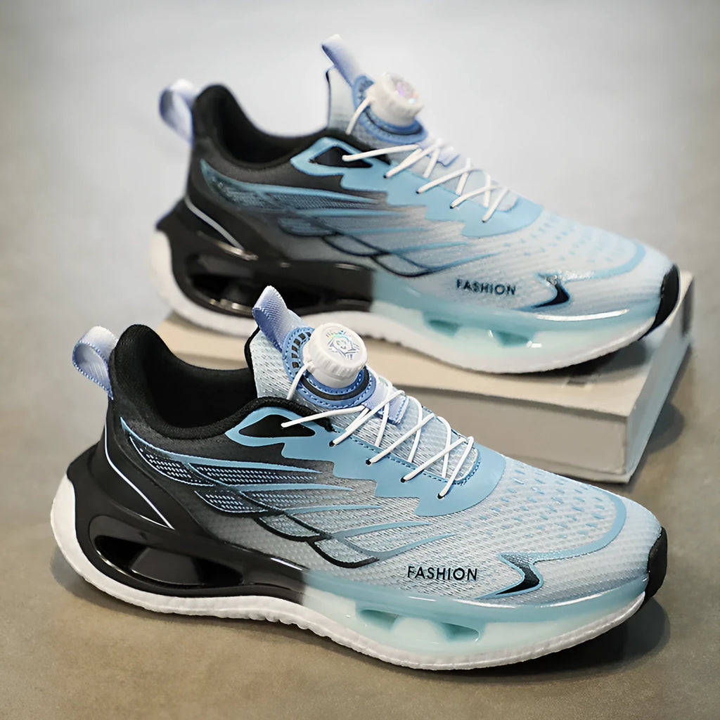 Youth rotating button sneaker in low-top design with shock absorption feature and rubber sole
