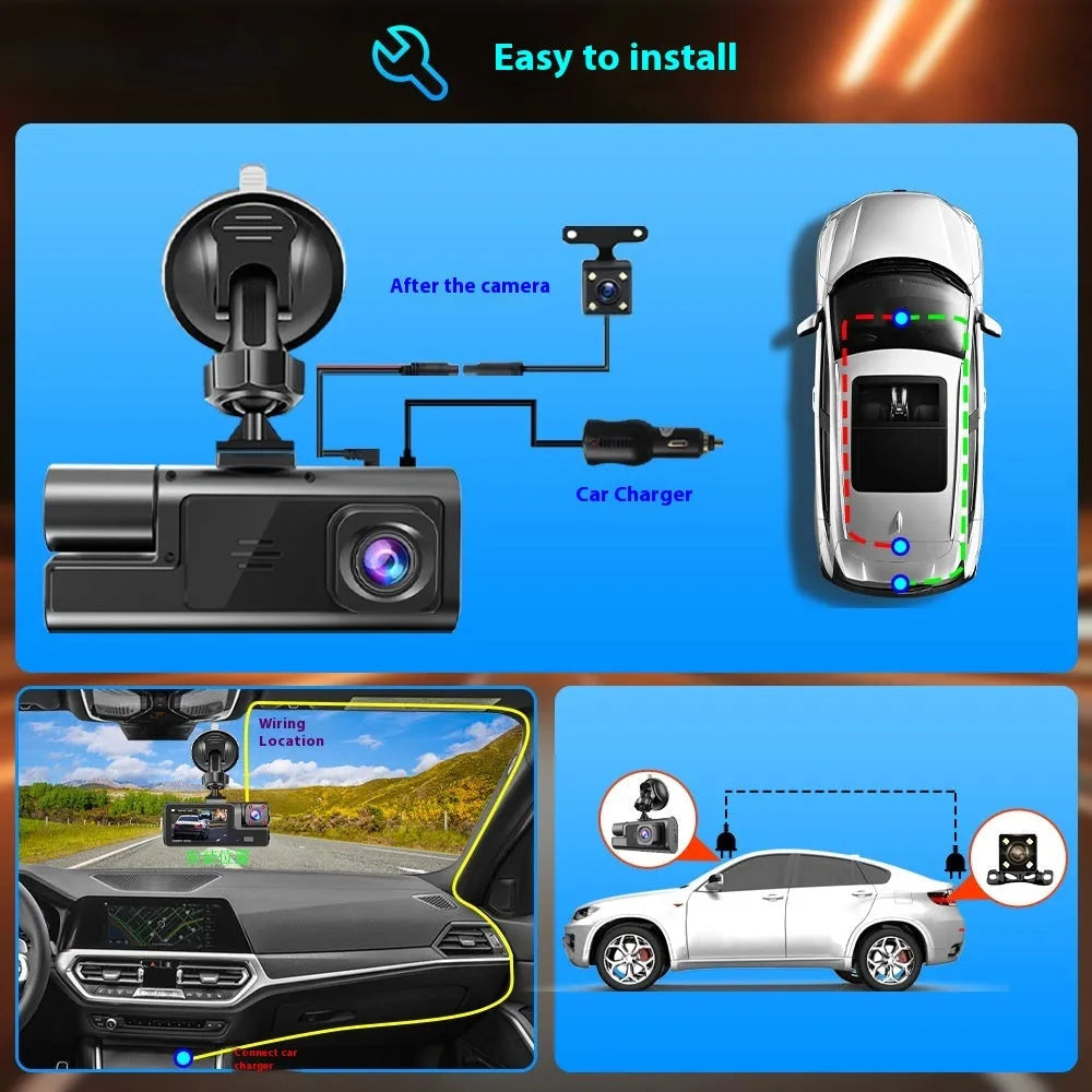 WiFi-connected driving recorder with 2.0-inch screen showing front and rear camera views