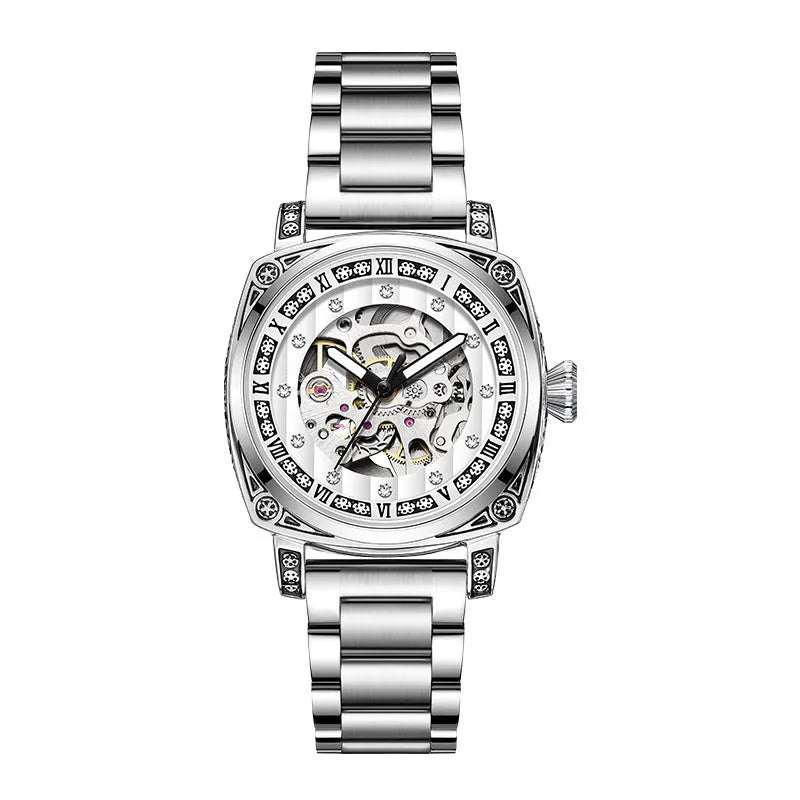 Men's mechanical wristwatch with a leather strap and luminous hands on a dial, shown in one of four colour options.