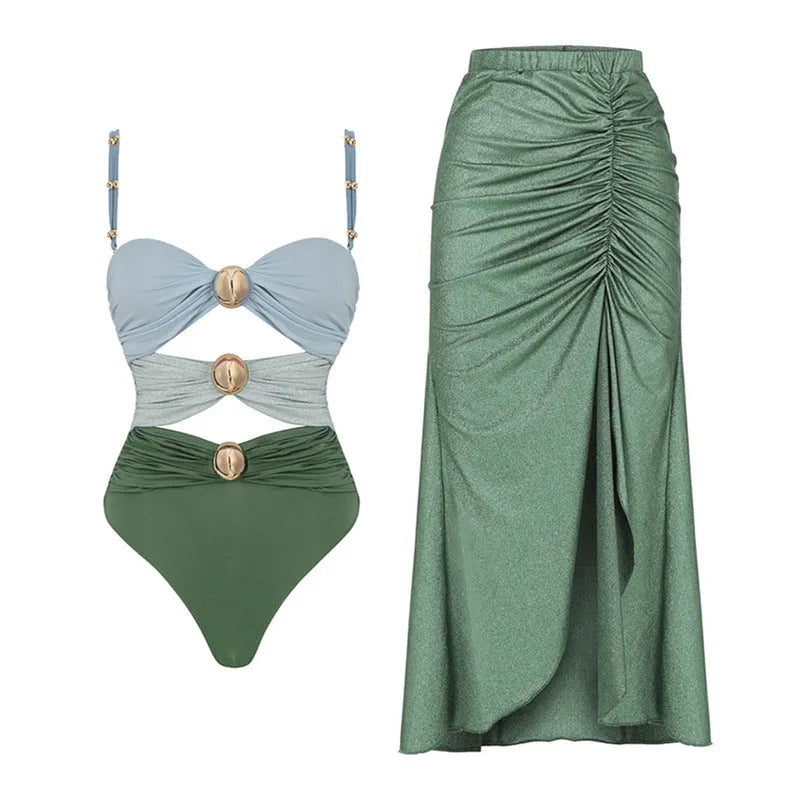 Women's yellow high-waist bikini two-piece swimsuit with a matching skirt laid flat.