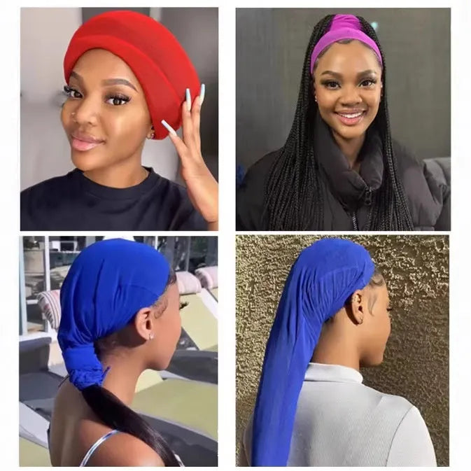 Spandex mesh wig cap in oversleeve design showing stretchable material in seven colour options