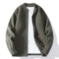 Men's beige striped straight fit cardigan jacket on a hanger