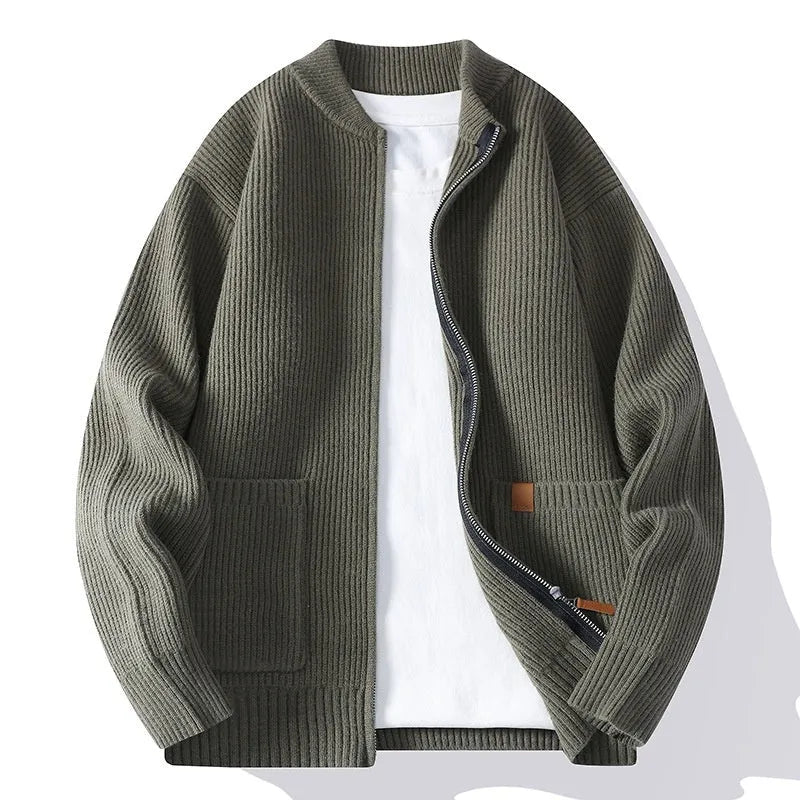 Men's beige striped straight fit cardigan jacket on a hanger