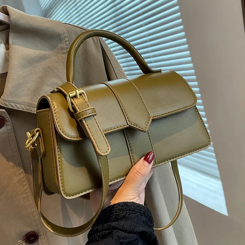 Women's beige PU leather horizontal square messenger bag with crossbody strap and external pocket