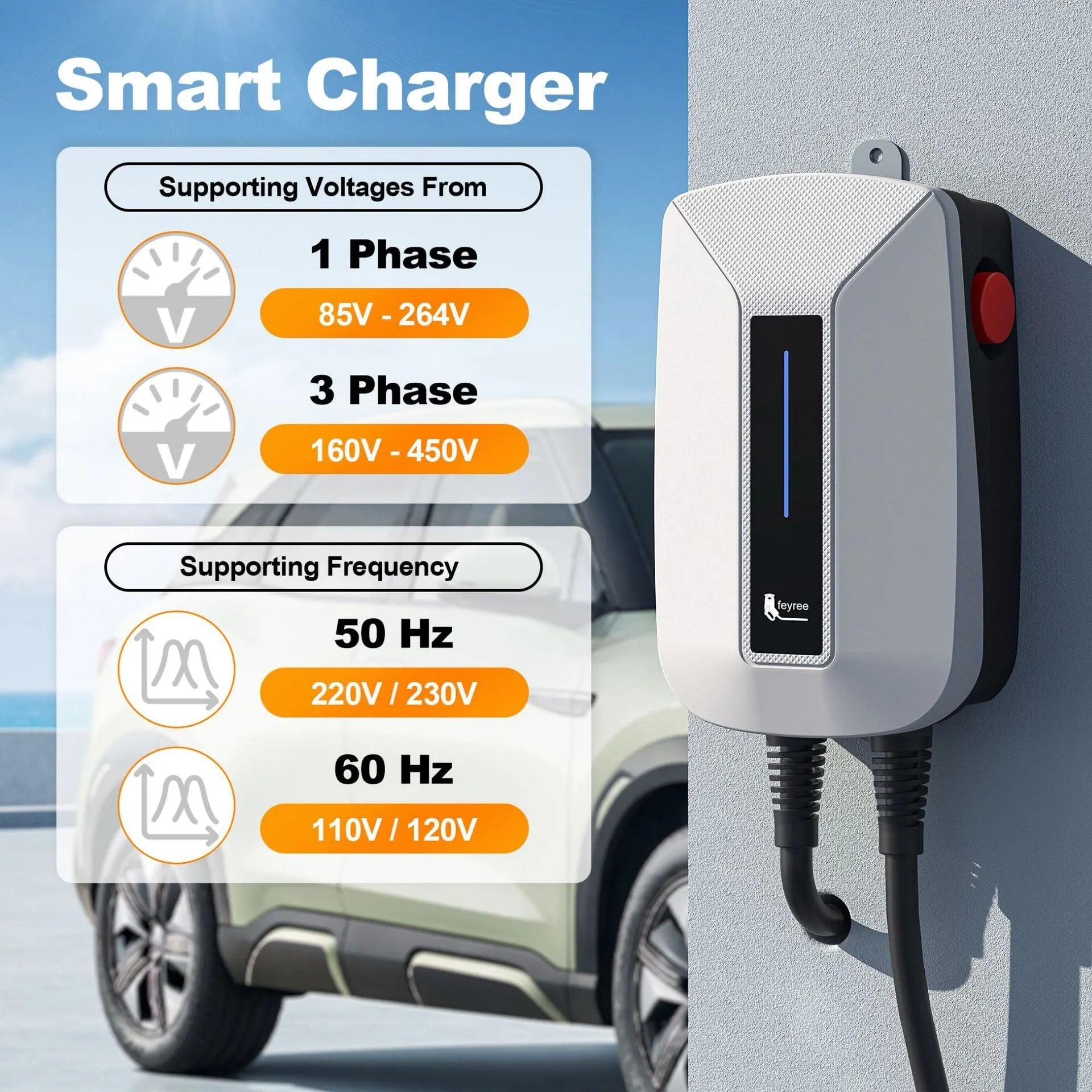 7KW European standard EV charging pile with PC shell, 5m gun line, and LED indicator, IP65 rated