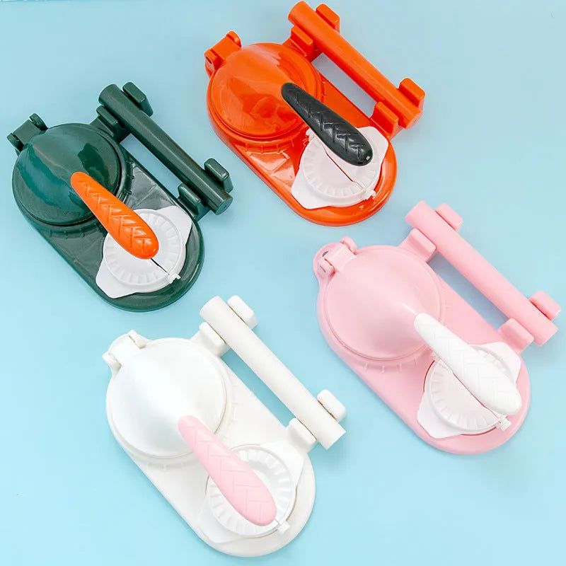3 in 1 plastic dumpling maker with ergonomic handle and rolling pin in white on a table