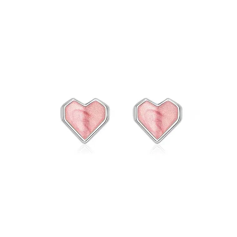 Sterling silver S925 heart shaped ear studs for women pink and white niche style