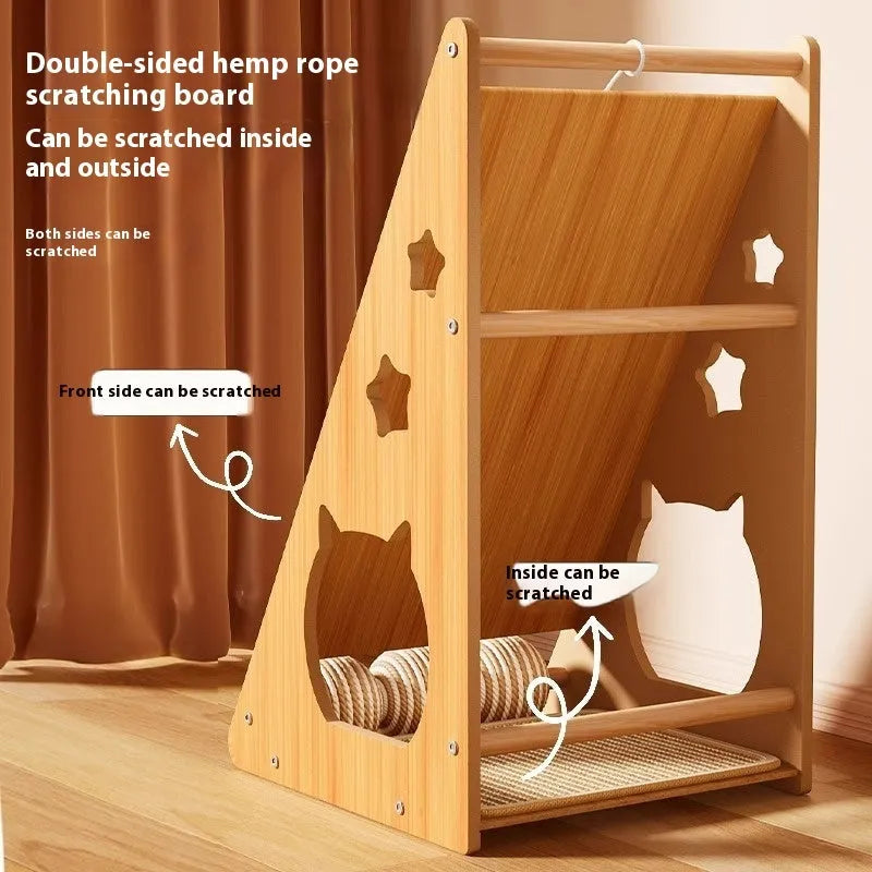 Vertical wall-mounted cat scratch board with sisal surface and hemp rope ball design