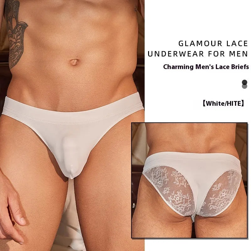 Men's black hip brief underwear with shark skin lace fabric and elastic free size waistband