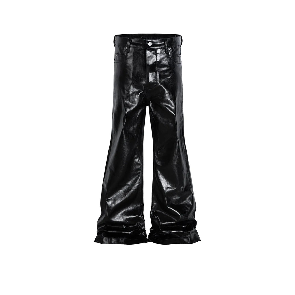 Black shiny patent leather skinny jeans with straight-leg cut and mid-rise waist