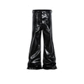 Black shiny patent leather skinny jeans with straight-leg cut and mid-rise waist