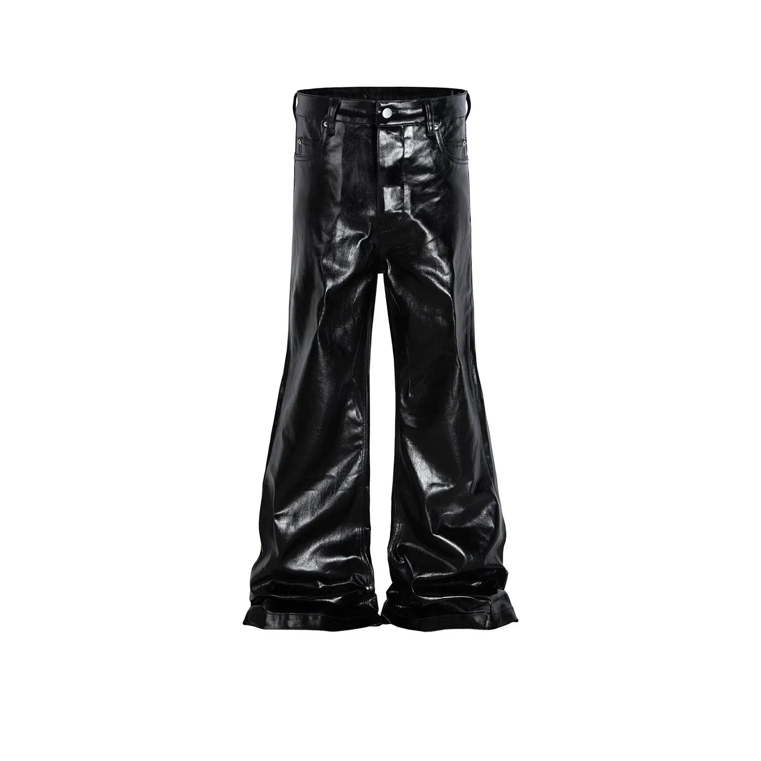 Black shiny patent leather skinny jeans with straight-leg cut and mid-rise waist