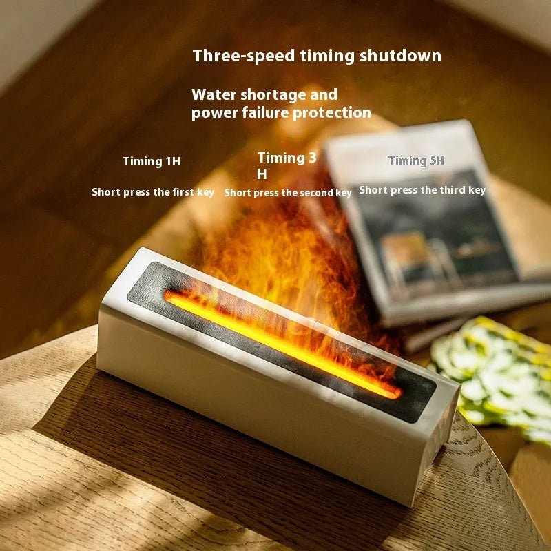 Square USB plug-in aroma diffuser with colourful simulated flame light effect on a table.