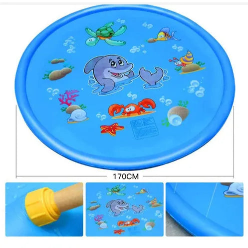 Blue PVC children's water spray play mat with marine animal designs for outdoor garden use