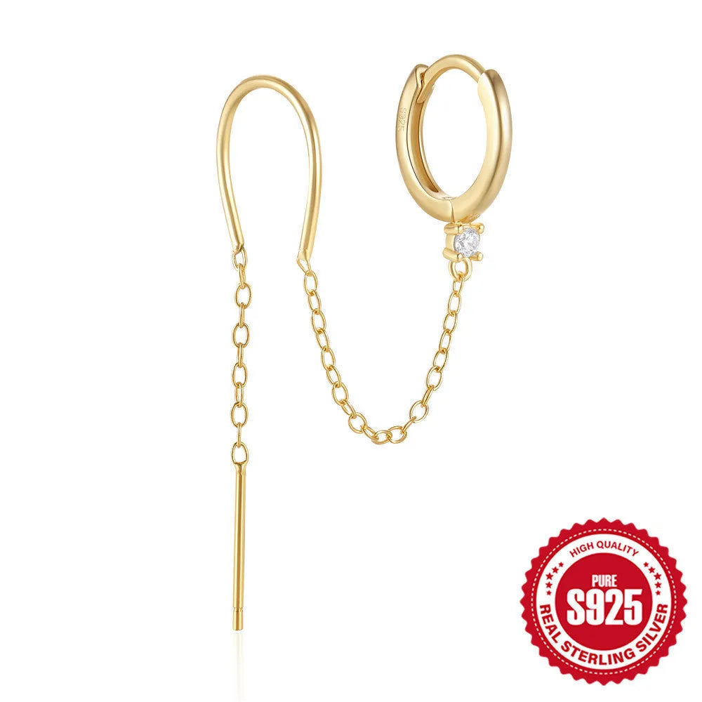 S925 sterling silver geometric stud earrings with a flower and tassel chain design in a gold electroplated finish.