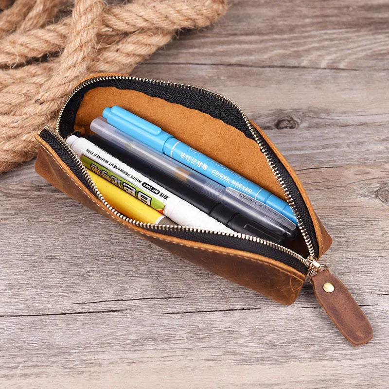Square cowhide leather pencil case with zipper showing black colour option