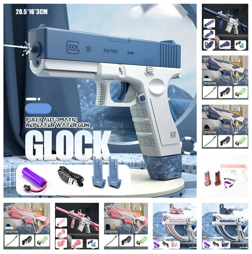 Blue plastic electric space water gun with automatic water absorption for pool and beach play.
