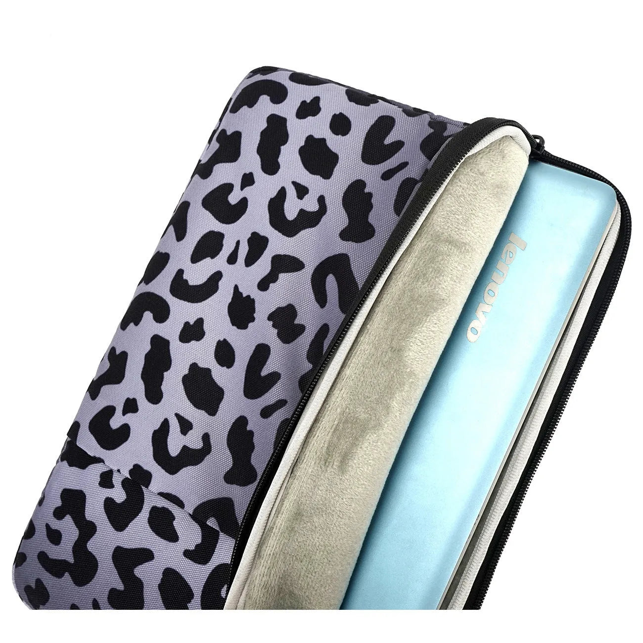 Leopard print laptop sleeve with flannel lining for 13-inch to 16-inch devices