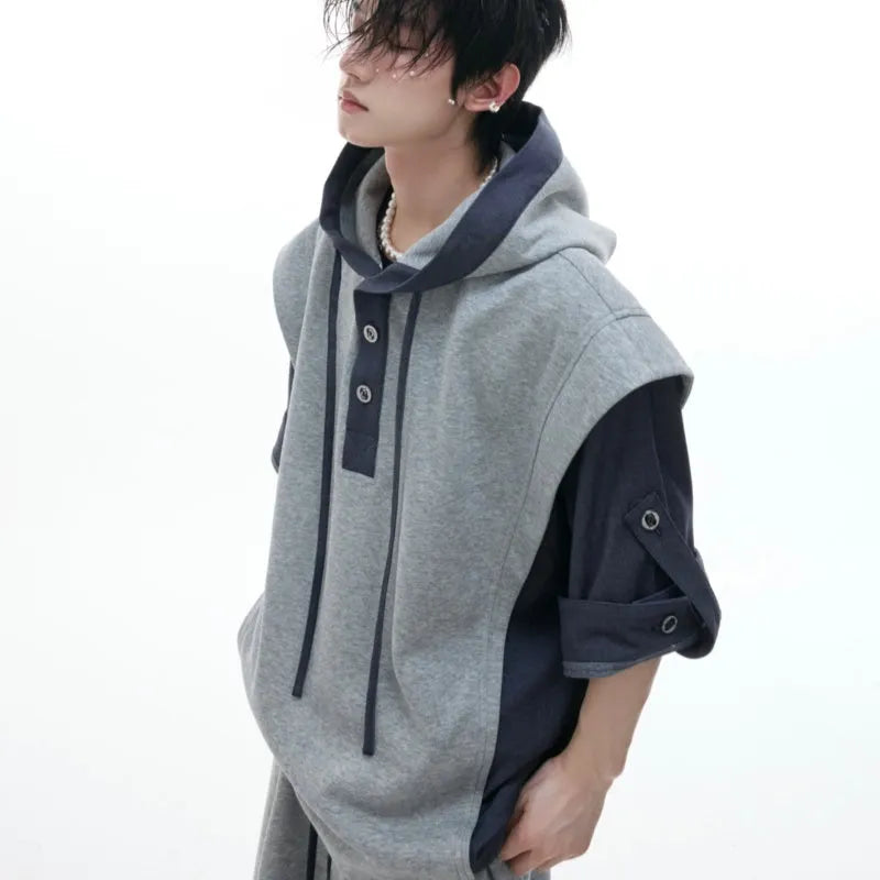 Men's black hooded short sleeve sportswear set with three-dimensional stitching on jacket and trousers