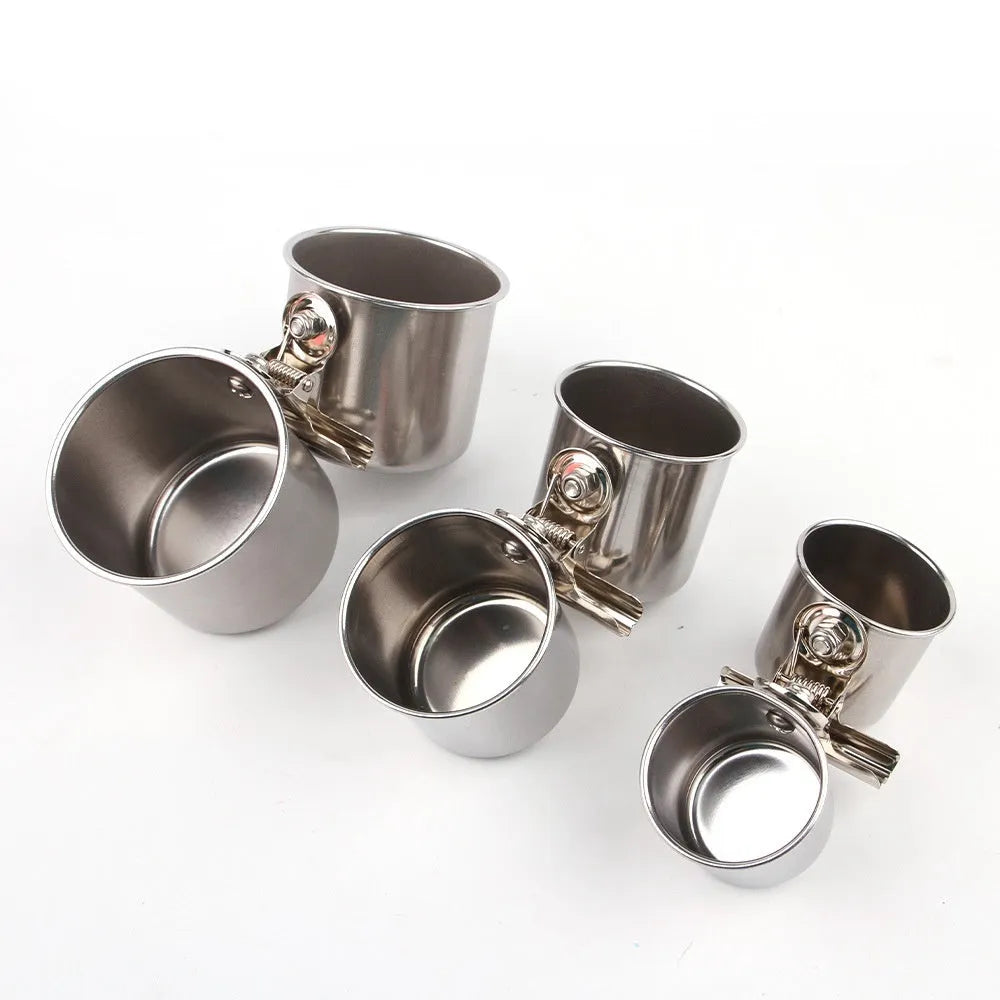 Stainless steel birdcage outdoor feeder in natural metallic colour showing food container design