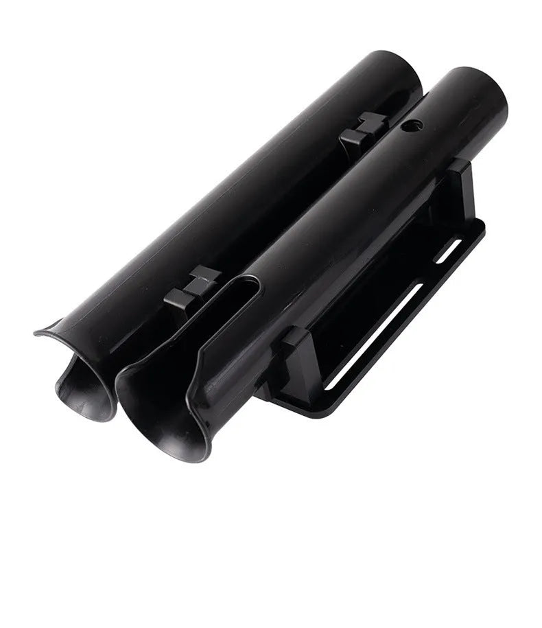 Plastic fishing rod rack with double-layer frame for mounting to bicycle or motorcycle handlebars.
