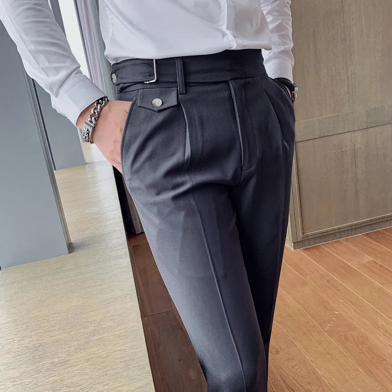 Men's straight-leg casual trousers in polyester fabric with elasticated waistband available in multiple solid colours