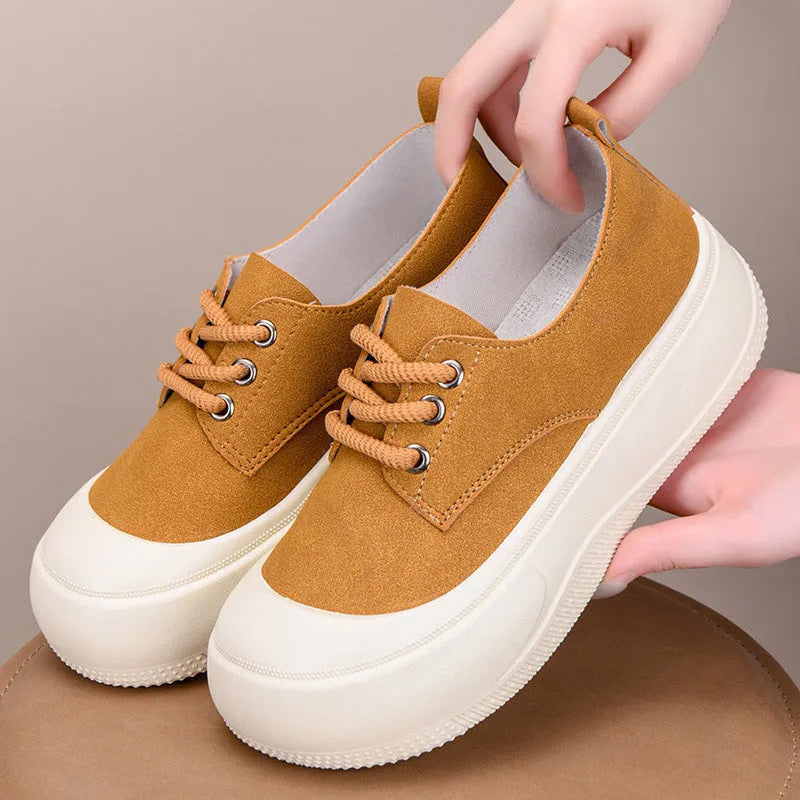 Women's camel suede platform loafers with 4cm heel, round toe, and front lace-up.