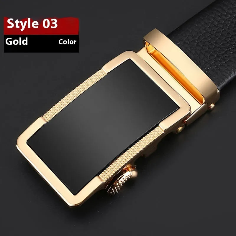 Men's automatic buckle leather belt in gun black, silver, or gold finish showing alloy buckle