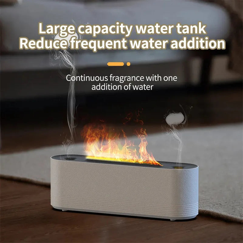 Black Flame Air ultrasonic humidifier diffuser with LED lights on a wooden table.