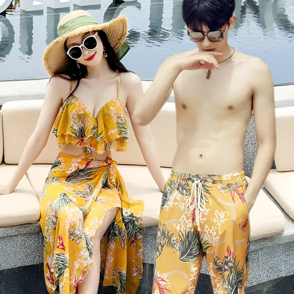 New Women Push Up One Piece Triangle Belt Large Veils Couple Swimwear Nylon Polyester Swimsuits for Beach and Pool in Pink Floral or Yellow Flower