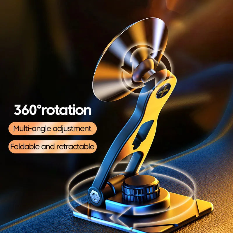Telescopic folding magnetic car phone holder in black or silver for dashboard mounting.